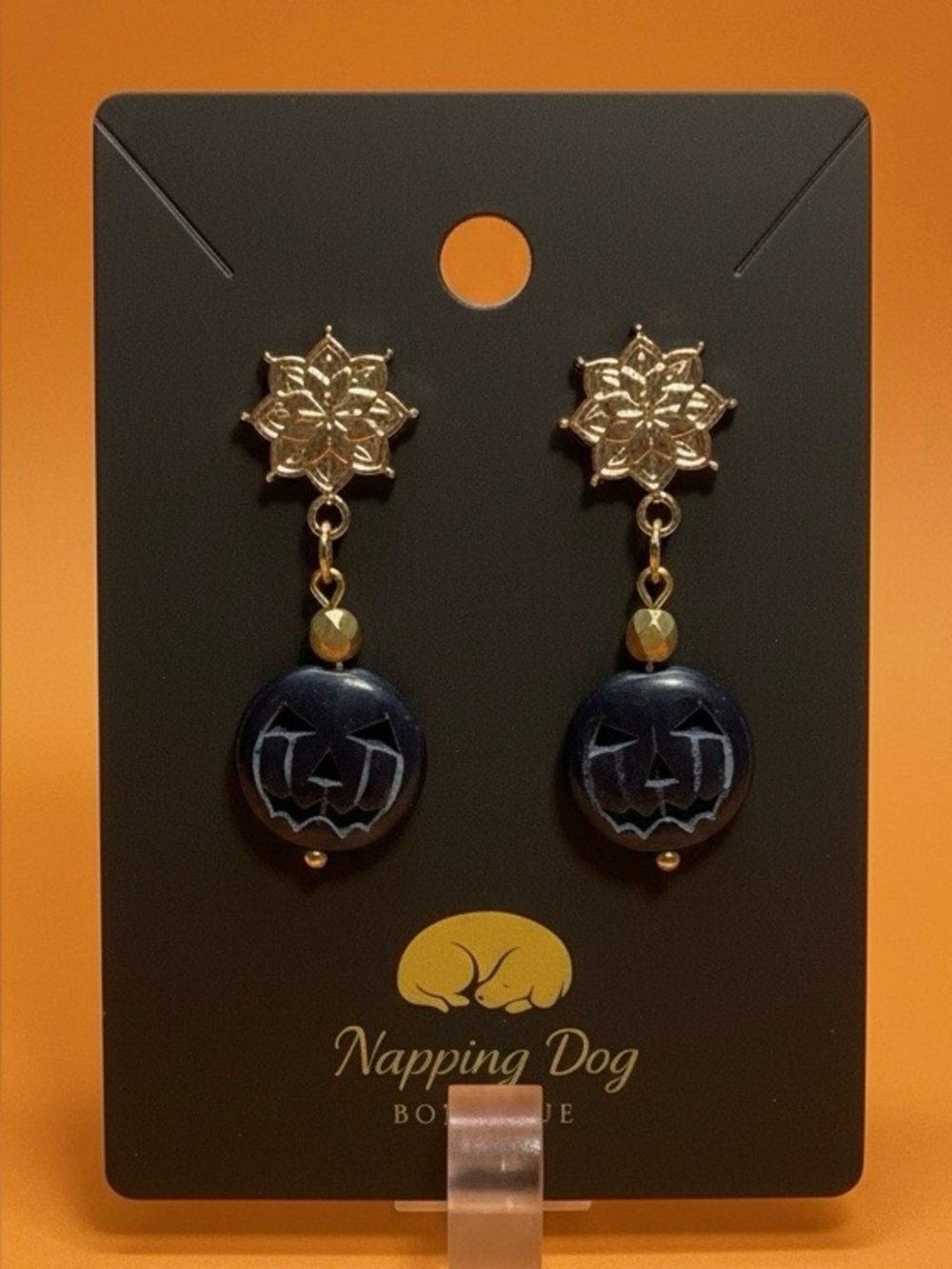 Navy Blue Ceramic Jack-O’-Lantern Dangle Earrings – Gold-Tone Halloween Earrings